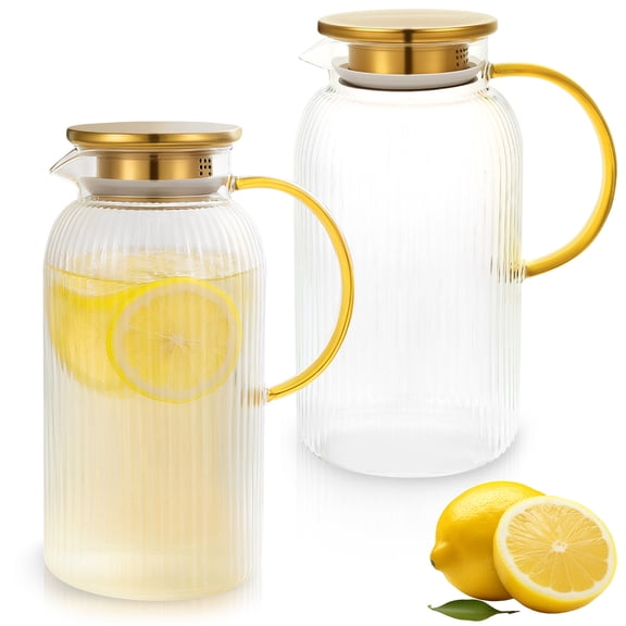 2 PACK Glass Pitcher with Lid 68 oz Classic Vertical Stripes Water Pitcher with Handle Glass Water Carafe for Cold Brew Coffee Iced Sun Tea Beverage Heat Resistant