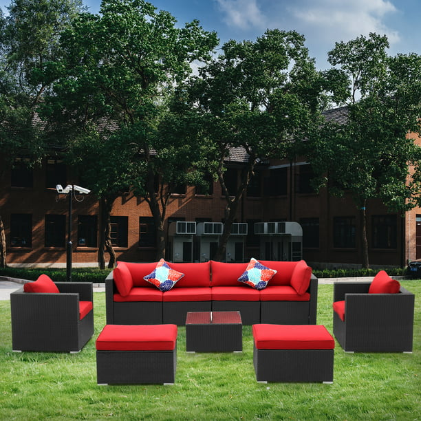 Ainfox 9 Pieces Outdoor Patio Furniture Sofa Set On Clearance All Weather Black Pe Wicker Sectional Lawn Rattan Couch Conversation Chair With Red Thickened Cushions Glass Table Com - Outdoor Garden Furniture Clearance
