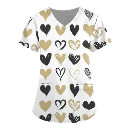 

XHJUN Scrub Tops Women Stretchy Couple Happy Valentines Day Nurse Shirt Couple V Neck Short Sleeve Workwear Cute Print Yellow XL