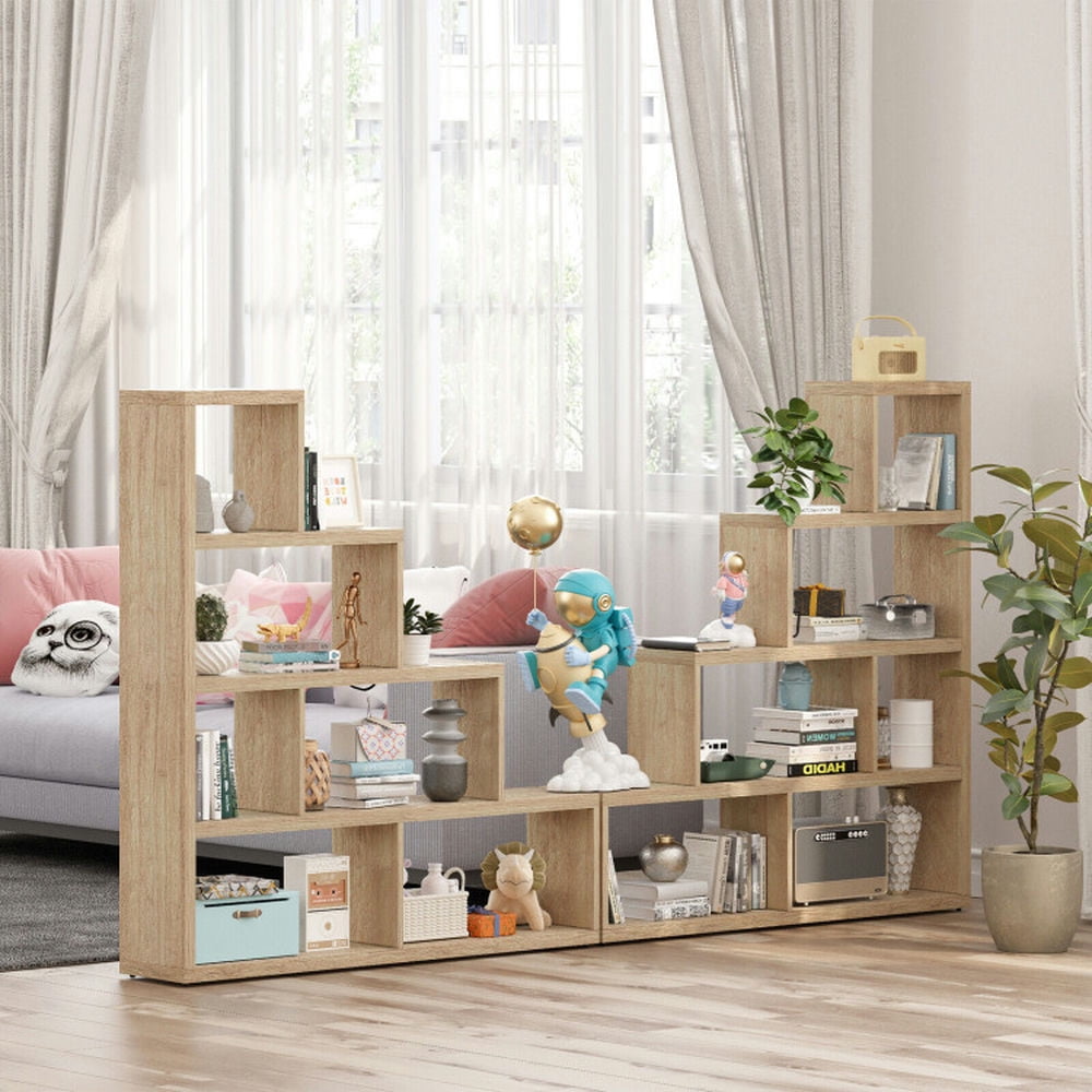 Spaco 6 Cubes Ladder Shelf Corner Bookshelf Storage Bookcase-Natural, Tall Bookshelf, Shelves for Living Room, Home Office, Bedroom, Balcony