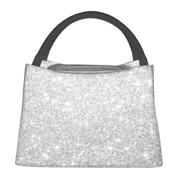 Easygdp Silver Glitter Bolsa de Almuerzo Insulada Reutilizable, Bolsa de Mano y Bandolera para Oficina, Trabajo, Viajes