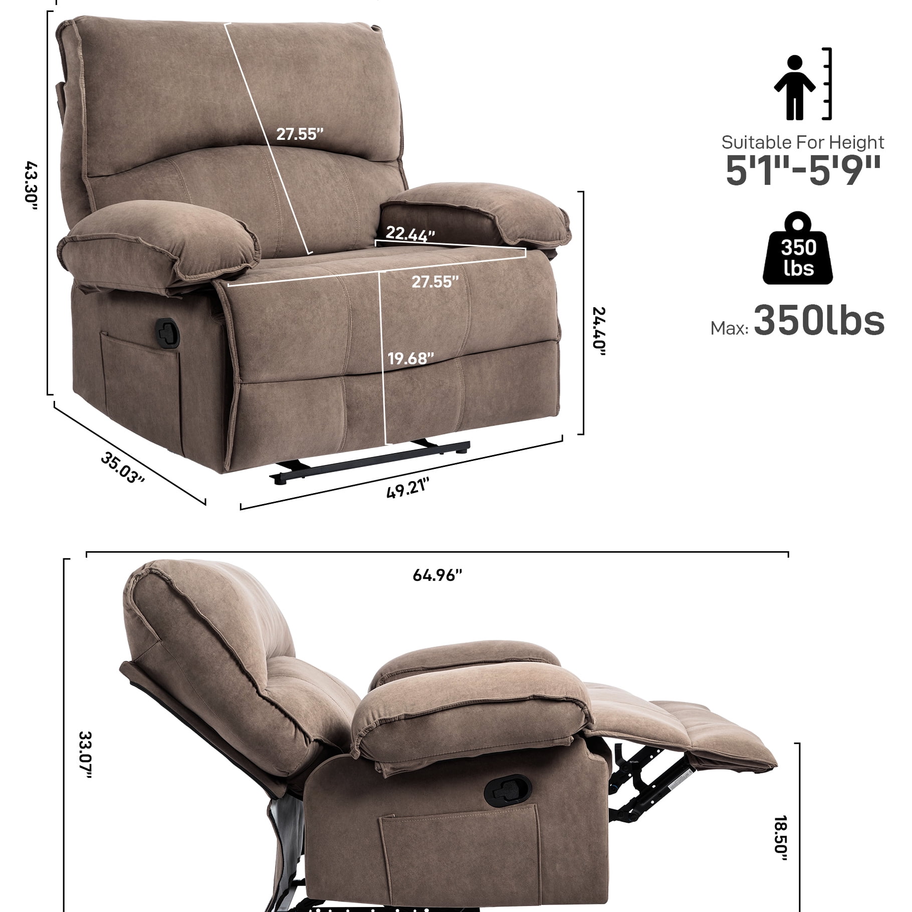 Brown Velvet Living Room Oversized Recliner - Ample Seat Width, Push-back Recliner, Super Soft Fleece, Massage Pillow For Enjoyment Upholstery, Cushion Back, Pillow, 2 Boxes Shipping
