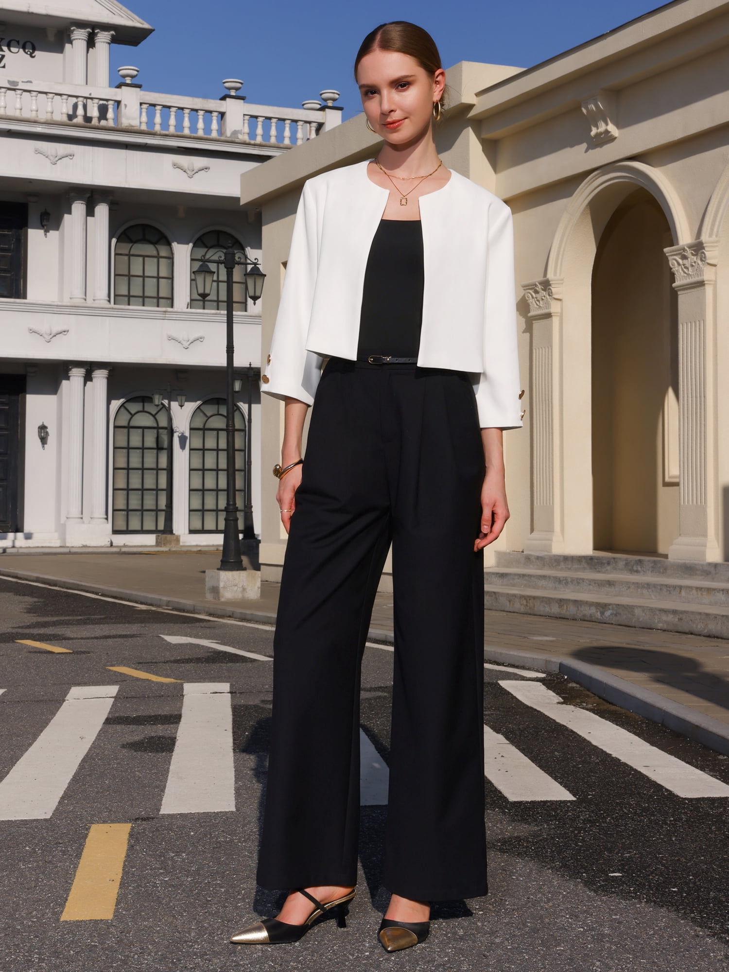 DARING DIVA Women's Collarless Blazers 3/4 Sleeve Dressy Cropped Jacket 2XL White