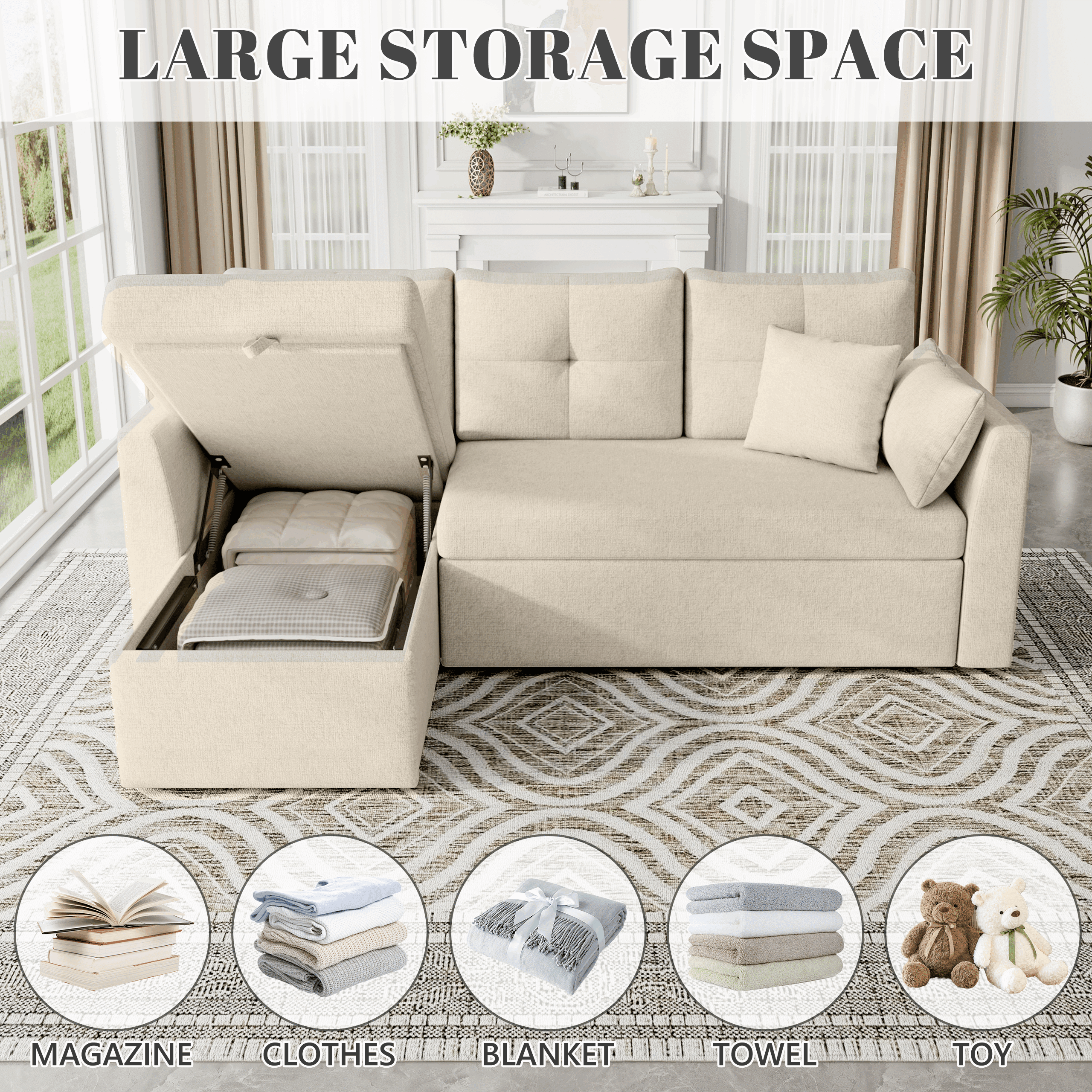 Mangodan Sectional Sleeper Sofa Couch, 2 in 1 Pullout Couch  Sleeper Sofa Bed with Storage Chaise, Side Pocket, Beige