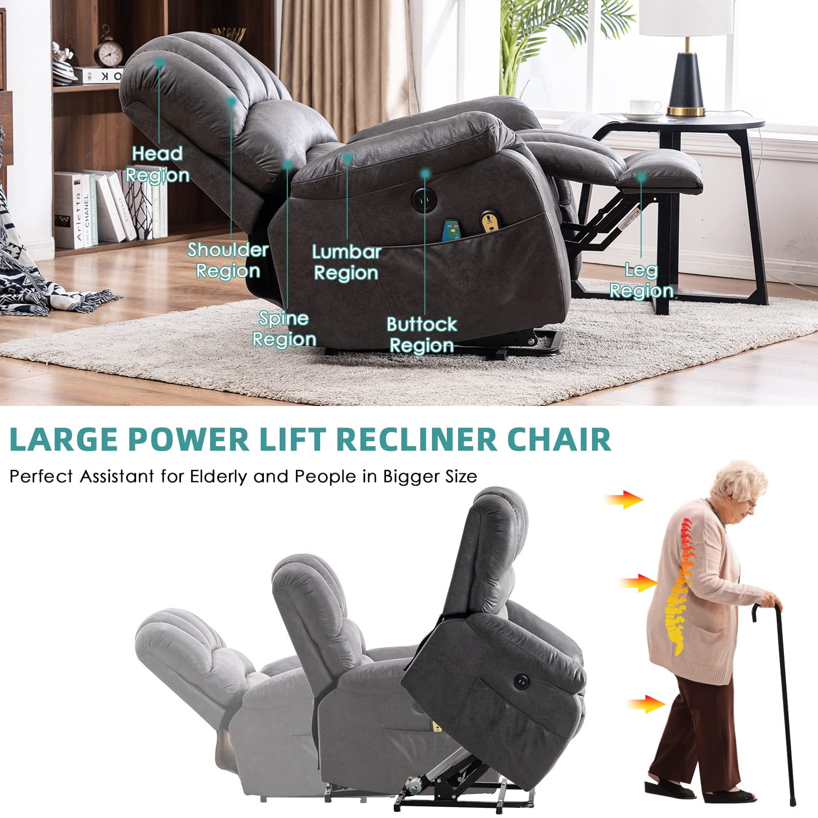 MEETWARM Large Power Lift Electric Recliner Chair with Massage and Heat, Overstuffed Wide Recliner for Elderly Big People, Heavy Duty Recliners with 2 Remote Controls, USB Ports, 2 Side Pockets, Gray