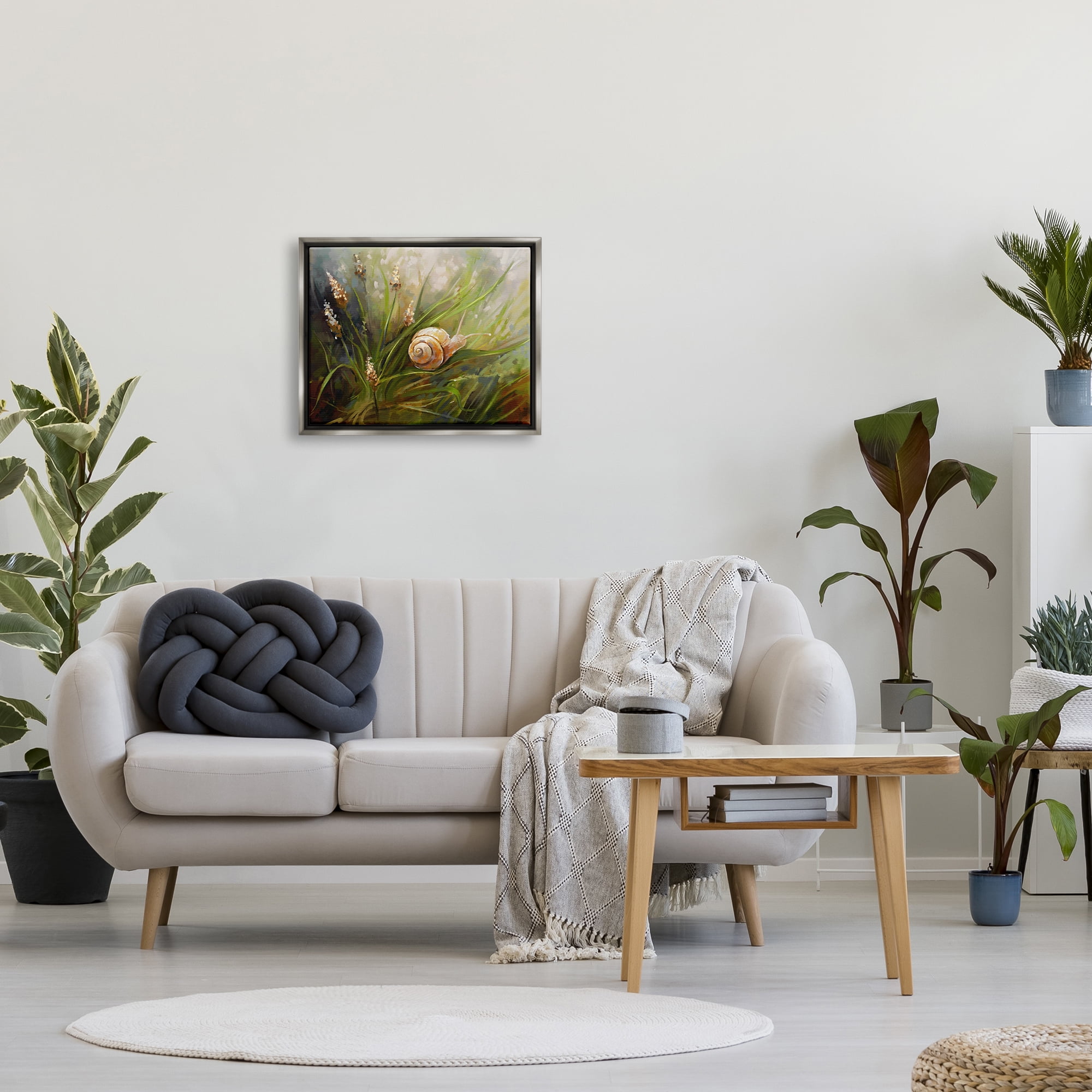 Stupell Industries Snail on Greenery Painting Animals & Insects Painting Gray Floater Framed Canvas Art Print Wall Art, 21 x 17