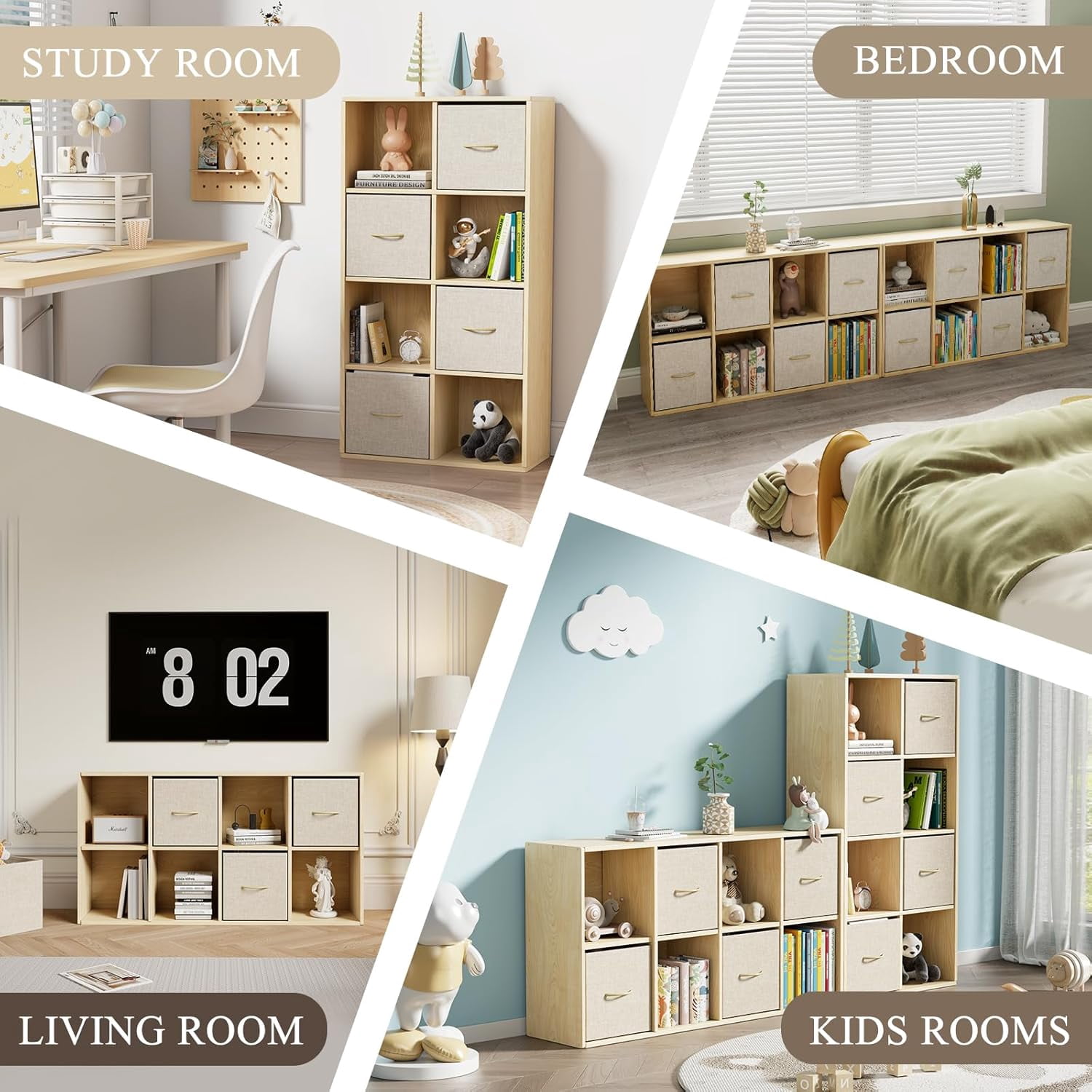 4 Cube Storage Organizer - Solid Wood Bookshelf with 2 Storage Bins, Cube Shelf with 2 Removable Back Panels, Vertical or Horizontal Bookcase, Open Book Shelf for Bedroom, Living Room, Office