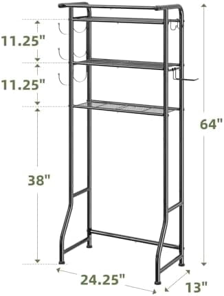 Over The Toilet Storage Cabinet, Metal Bathroom Shelf Organizer with Paper Holder and Hooks, 3 Tier, Black