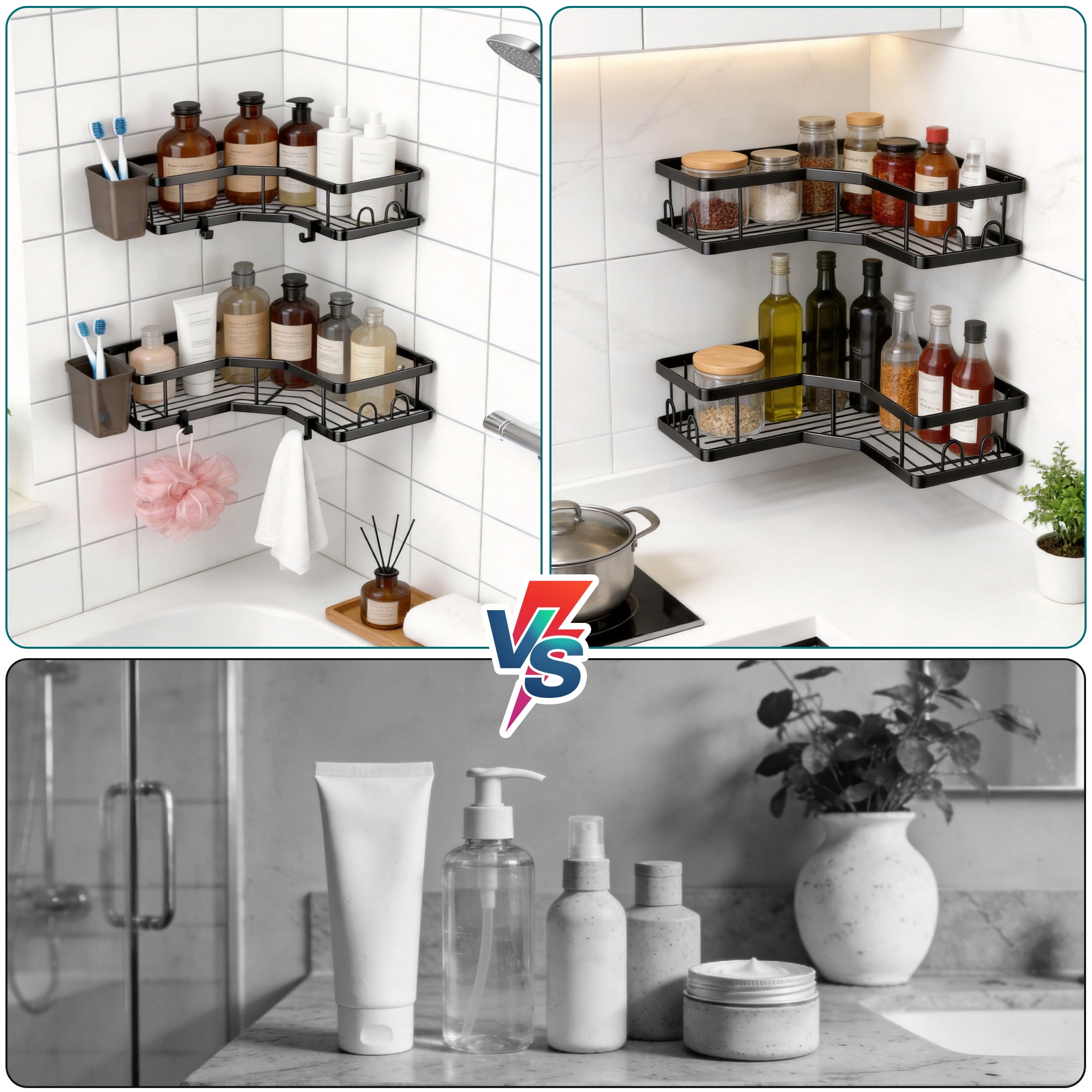 Corner Shower Caddy, 2 Pack Adhesive Shower Organizers with Hooks & Toothpaste Holder, Rustproof Metal Shower Shelves, No Drilling Bathroom Organizers and Storage Racks
