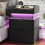 IDEALSOUL Black Nightstand with Charging Station, LED Nightstand with 3 Hidden Drawer Modern Bedside Table End Side Table Nightstands for Bedroom Living Room 25 Tall