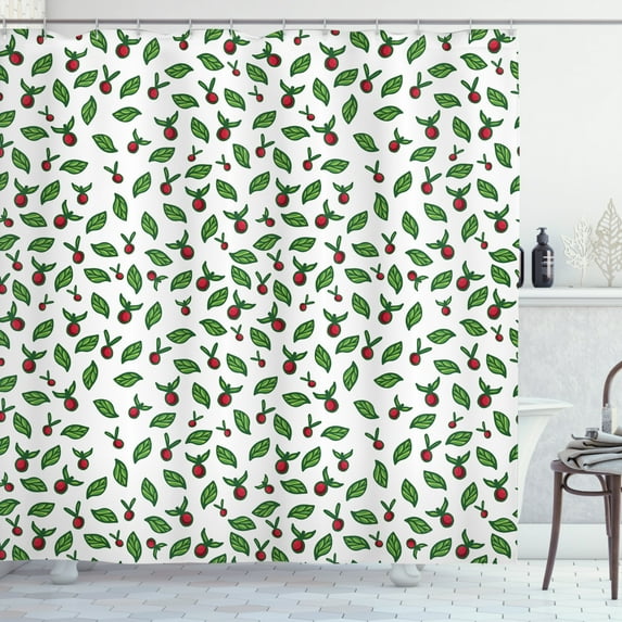 Cranberry Shower Curtain, Botanical Inspirations Themed Leaves with Berry Fruits Harvest Design, Fabric Bathroom Set with Hooks, 69W X 84L Inches Extra Long, Fern Green Red White, by Ambesonne