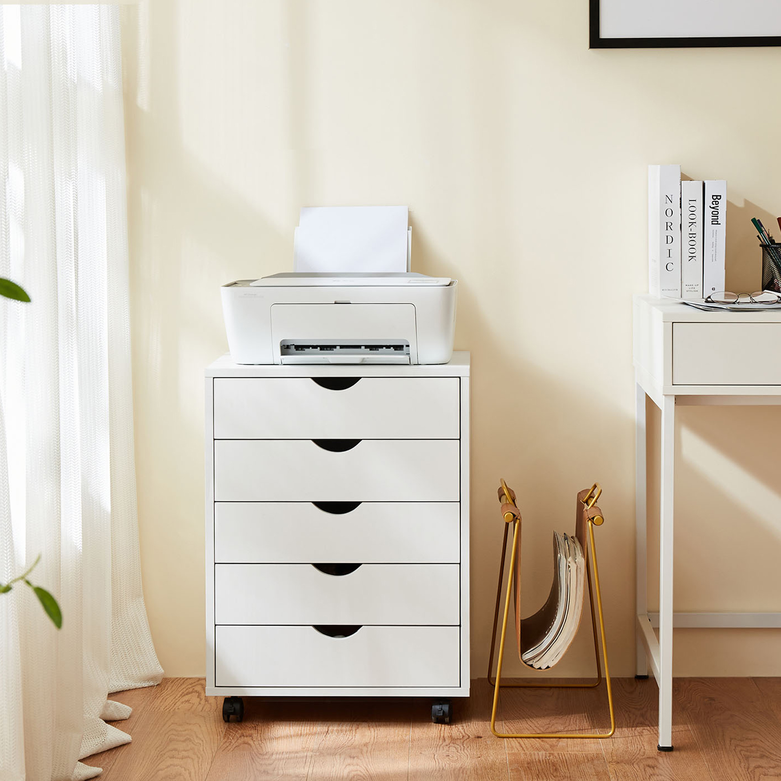 LIFERECORD 5-Drawer Chest, Wood Storage file Cabinet Rolling Storage Dresser with Wheels for Home Office, White
