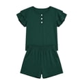 thumbnail image 4 of LIIPEE Girls Outfit Sets Casual Summer Solid Color Crew Neck Ruffle Short Sleeve Buttons T Shirt Pockets Shorts 2 Piece Set Kids Comfortable Breathable Soft Cute Daily Clothing,Dark Green,13-14 Years, 4 of 4