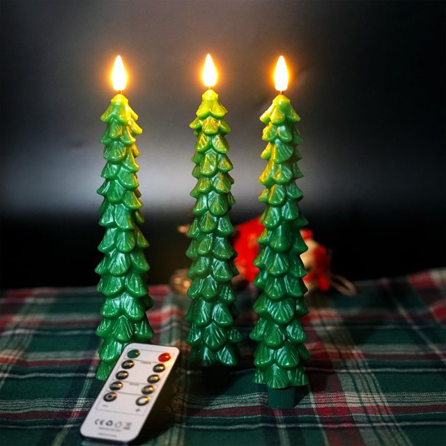 Velas de cera para árbol de Navidad FPOO con control remoto, decoración navideña para interiores, 3 velas cónicas sin llama de cera real parpadeantes, candelabros LED verdes con batería y ventana (9.5