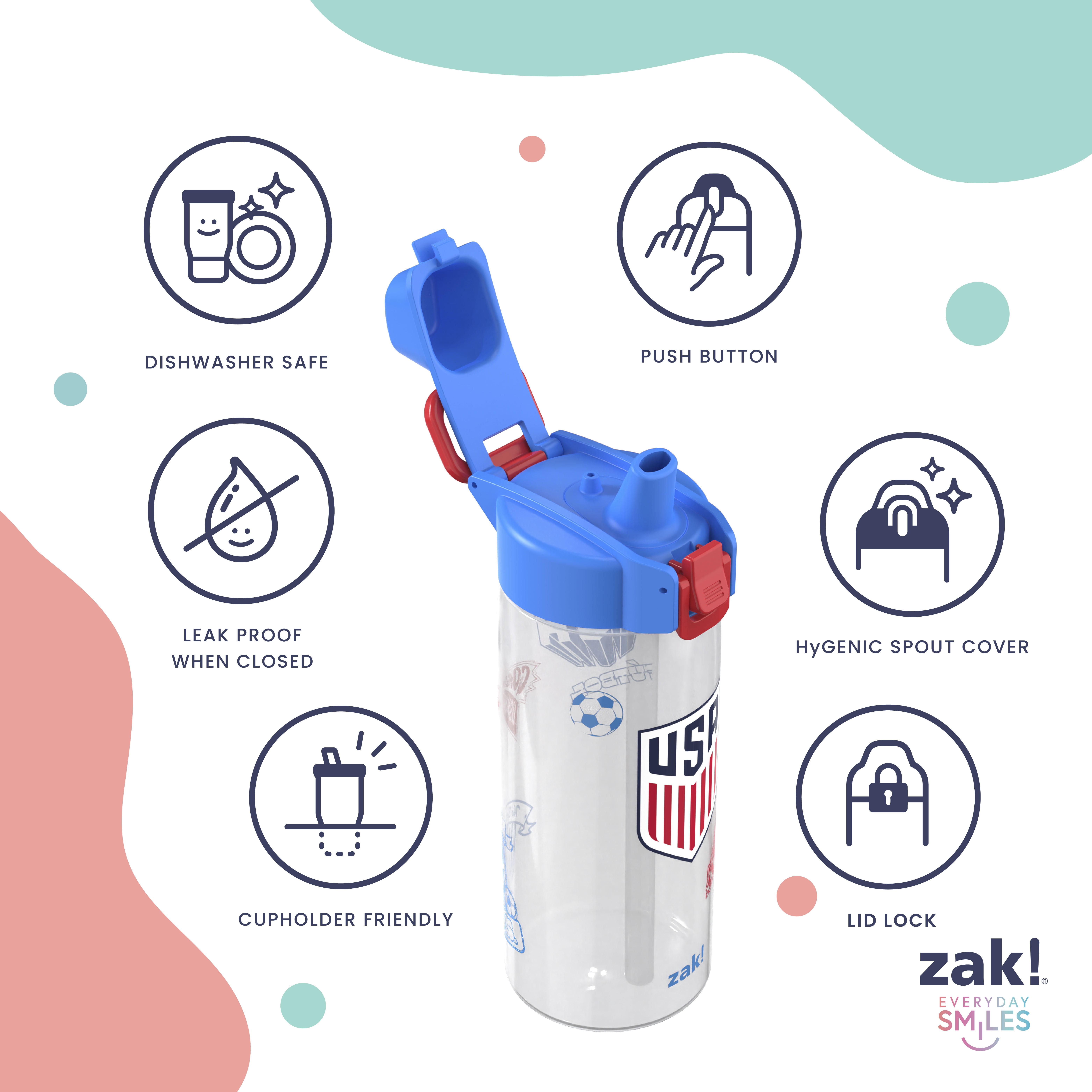 Zak Designs US Soccer 25oz Durable Plastic Jubilation Water Bottle with Handle, White