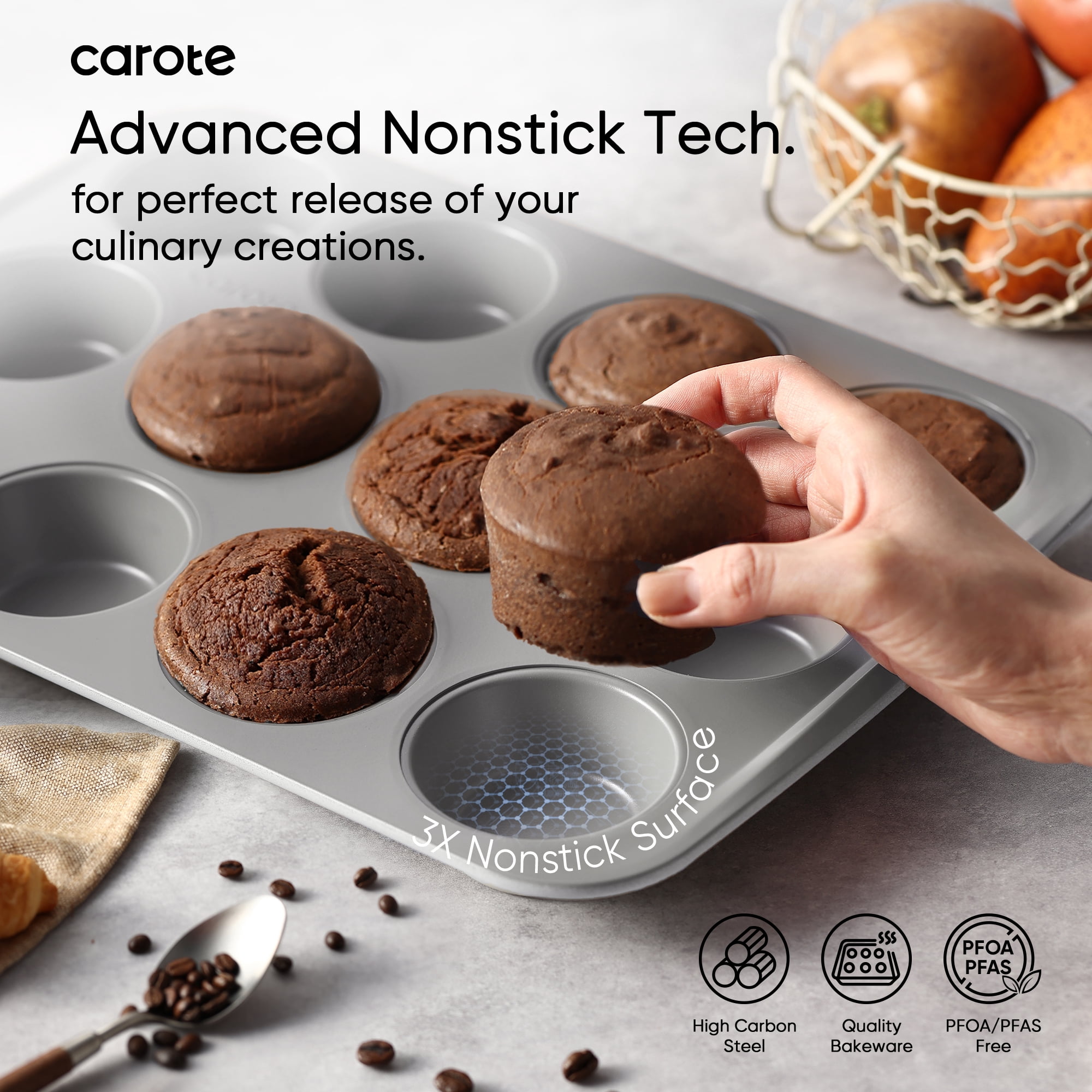 Carote 9 Pc Stackable Nonstick Bakeware Set, Includes Cookie Sheet, Muffin, Bread, Cake, Loaf & Roasting Pans, Gray & Blue