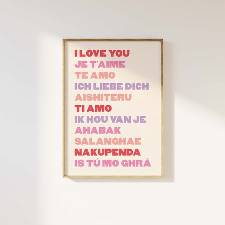 I Love You Multilingual Valentines Print Red Pink Different Languages, Unframed Paper Poster 8x10in