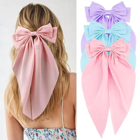 3PCS Satin Large Hair Bows Big Oversized Giant Bow Hair Clips French Barrettes with Long Silky Ribbon Bowknot Bun Ponytail Holder Accessories for Women Lady Girl