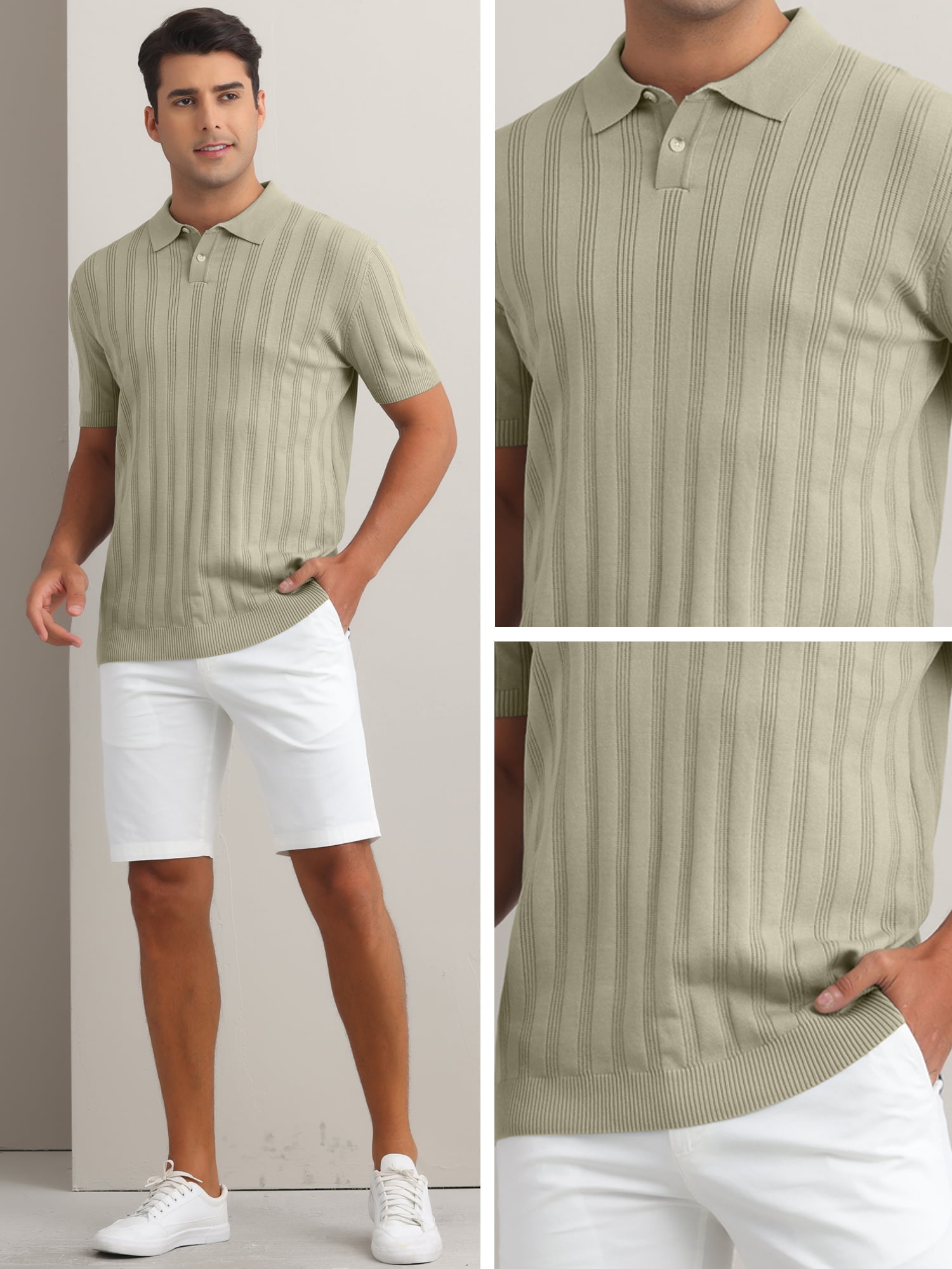 DARING DIVA Men's Short Sleeve Button Regular Fit Knit Texture Collared Polo Shirt L khaki