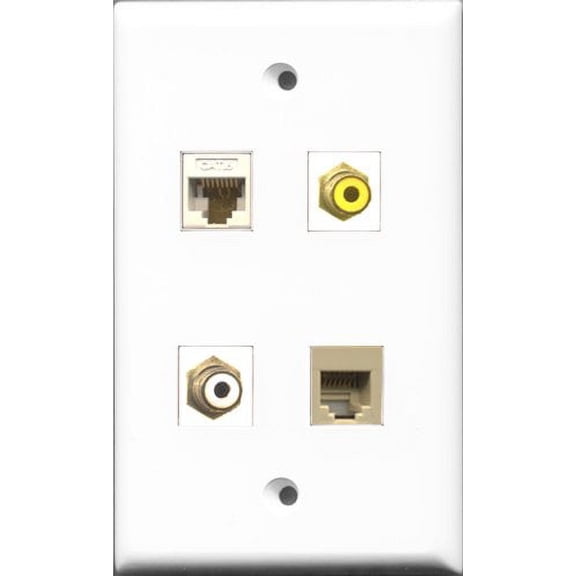RiteAV 1 Port RCA White and 1 Port RCA Yellow and 1 Port Phone RJ11 RJ12 Beige and 1 Port Cat6 Ethernet White Wall Plate