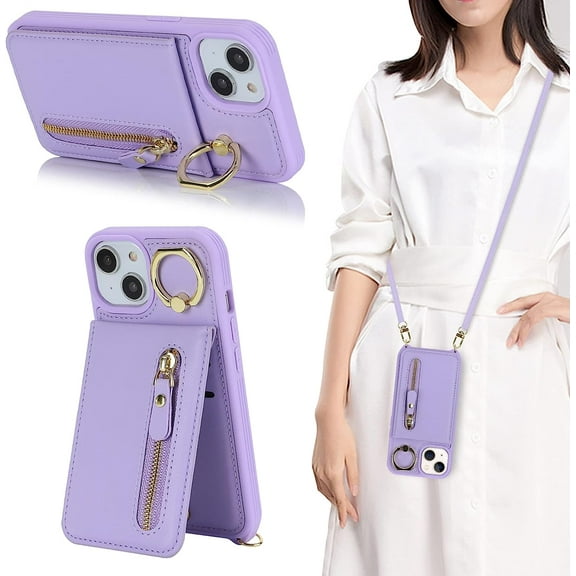 iPhone 14 Case for Women with Card Holder, iPhone 14 Phone Case Wallet with Strap,Crossbody Lanyard Cases with Credit Card Slots Kickstand with Ring Holder Stand Case,6.1 Inch,Purple