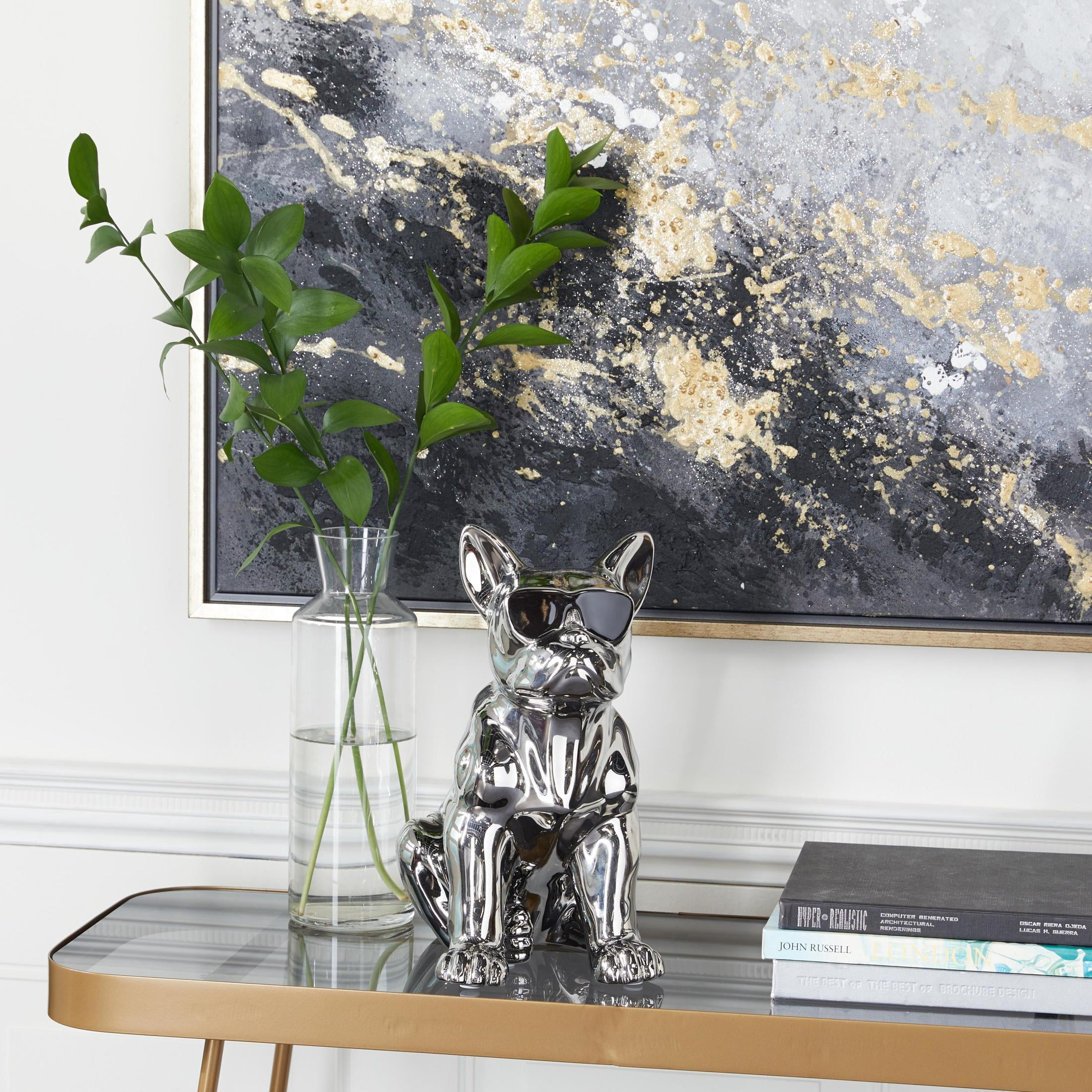 6" x 12" Silver Ceramic Bulldog Sculpture with Sunglasses, by CosmoLiving by Cosmopolitan
