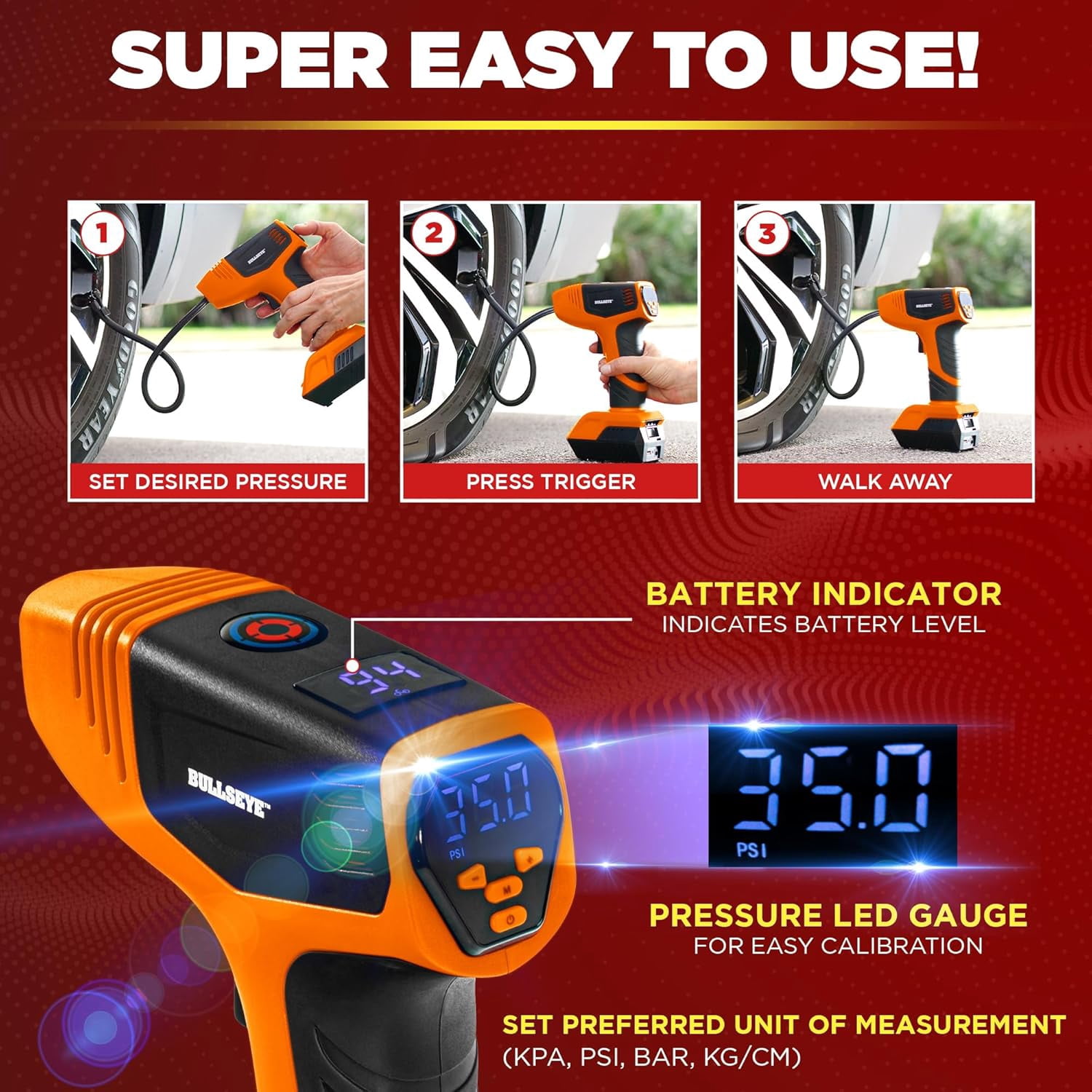 Bullseye 2441 12V Digital Pressure Gauge Tire Inflator, Orange