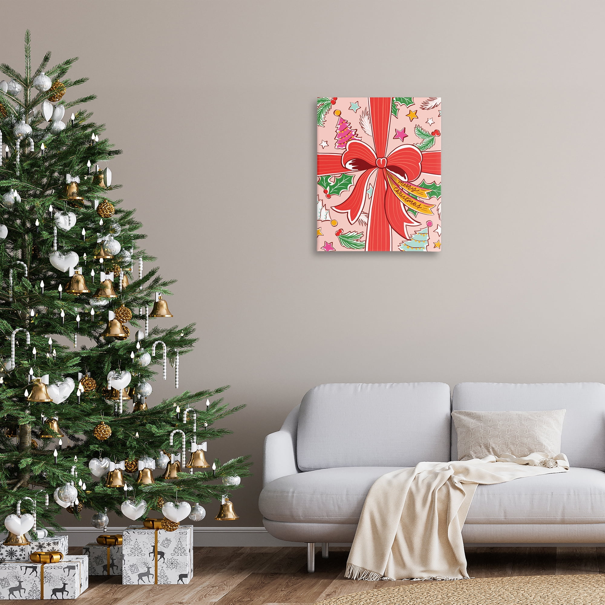 Stupell Industries Christmas Bow and Trees Holiday Painting Gallery Wrapped Canvas Art Prints Wall Art, 24 x 30