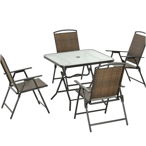5-Piece Foldable Patio Dining Set with Tempered Glass Table and Umbrella Hole, Brown Rattan Outdoor Furniture for Garden, Lawn