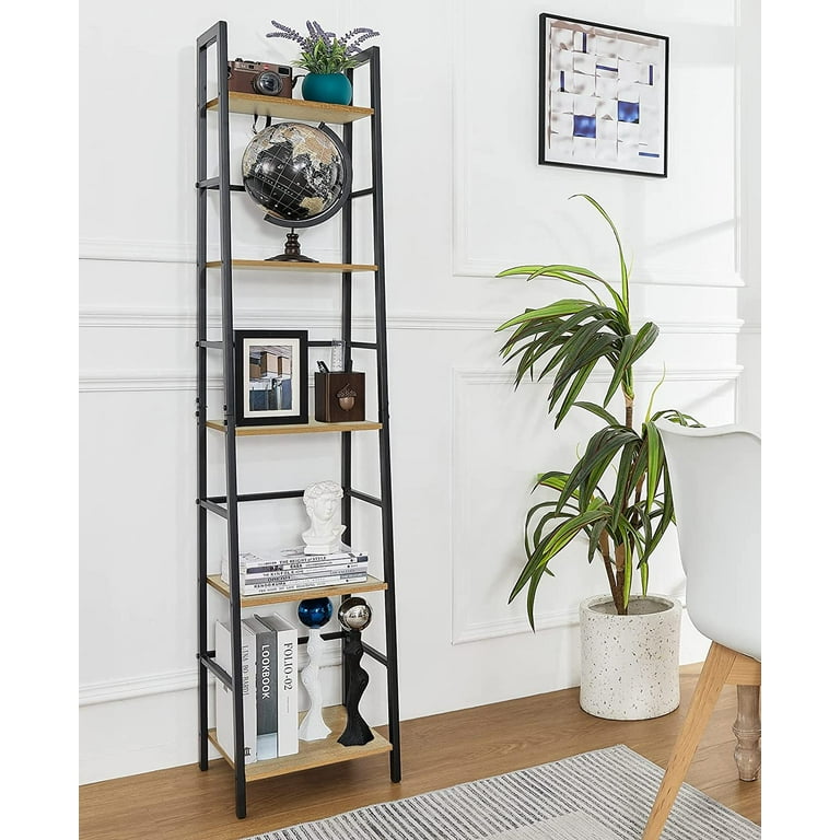 Pshelfy Bookshelf, 5-Tier Narrow Ladder Shelf Bookcase with Metal Frame,  Freestanding Corner Rack Shelves for Small Spaces Display Storage Organizer  Tall Skinny Shelf for Bedroom Living Room 
