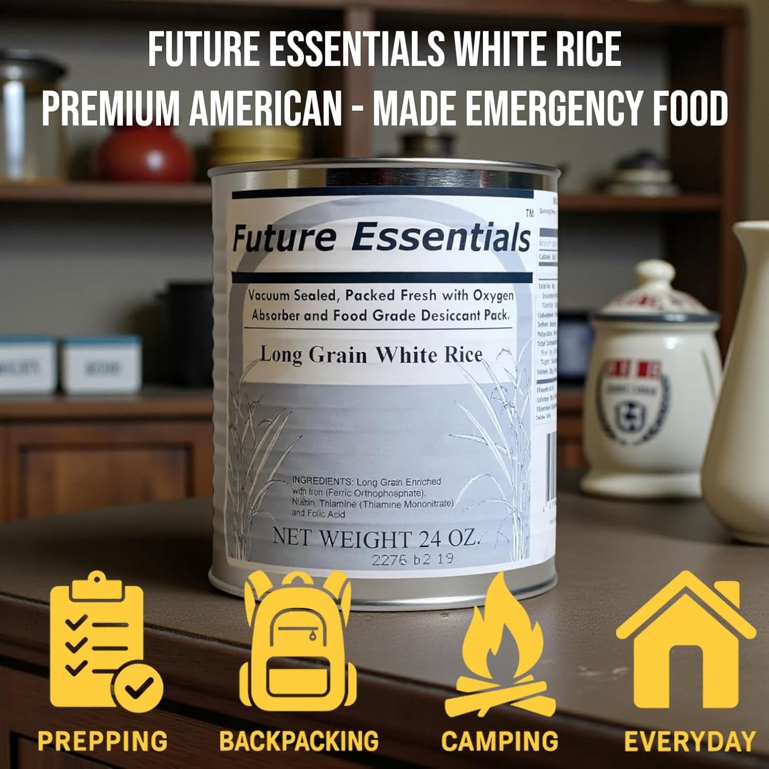 Future Essentials Long Grain White Rice 6 Pack (#2.5 Cans, 24 oz Each) – 25 Year Shelf Life Emergency Food, USA Grown Vacuum-Sealed Rice for Long-Term Storage & Preparedness