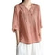 thumbnail image 1 of Camisa vintage de lino bordada para mujer: cuello en V holgado, manga 3/4, mezcla transpirable, jersey informal, blusa para todas las estaciones, 1 of 8