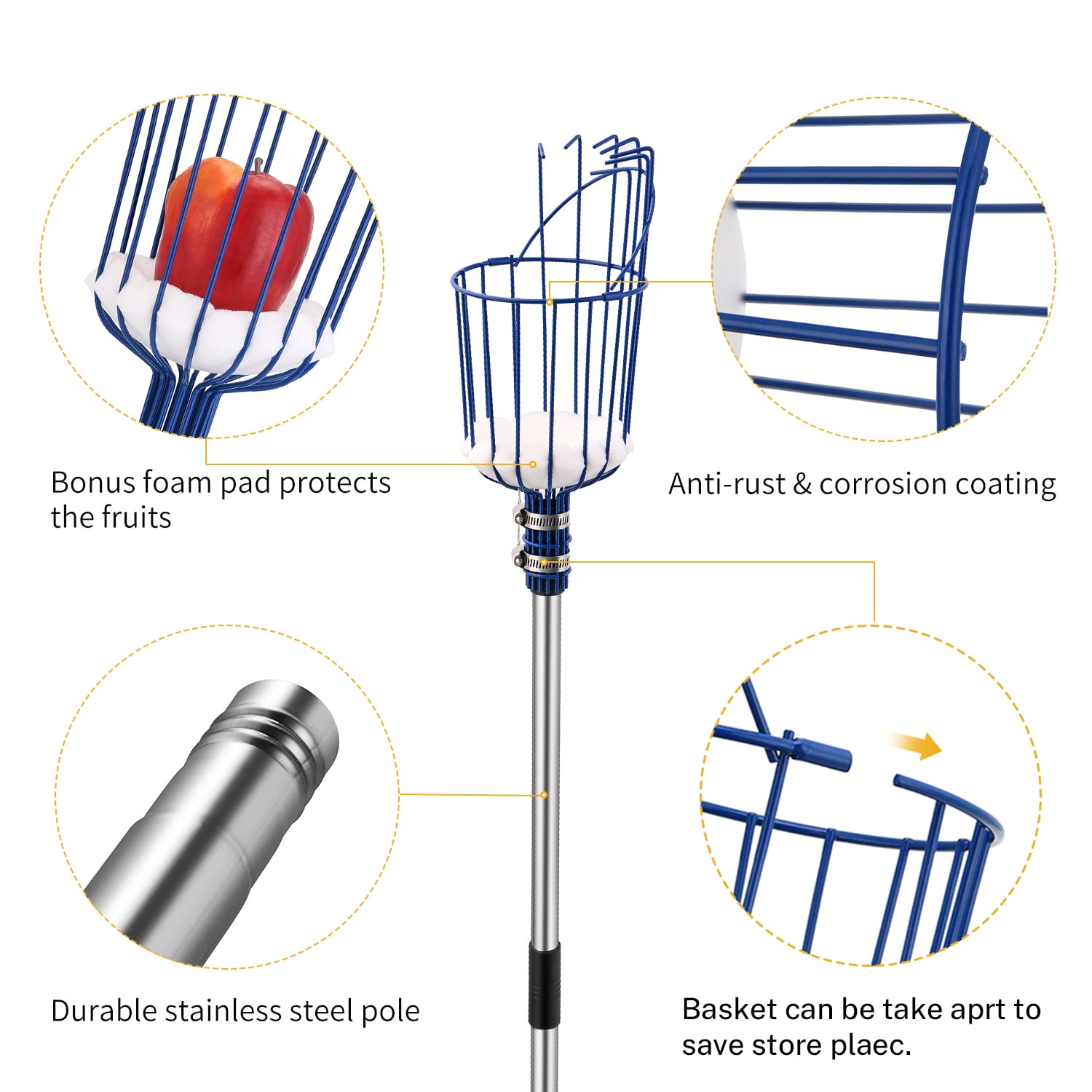 Cooltop Fruit Picker, 13 FT Picker Pole with Basket, Adjustable Fruit  Picker Tool with Stainless Steel Connecting Pole with Foam Pad, Metal Clamp