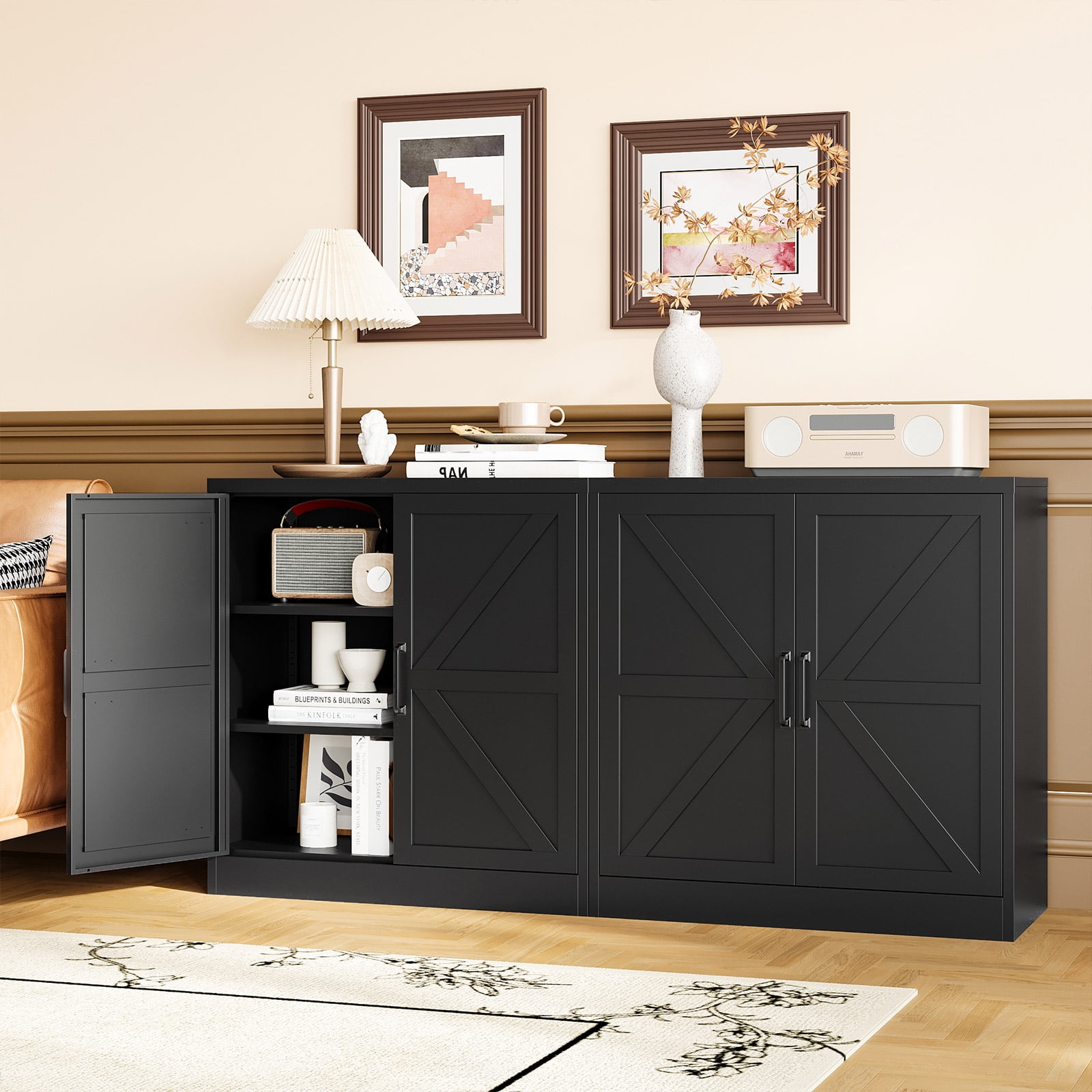 STANI Freestanding Steel Storage Cabinet with 2 Adjustable Shelves for Home Office, Dining Room, storeroom, Rustic Style/Farmhouse,Black