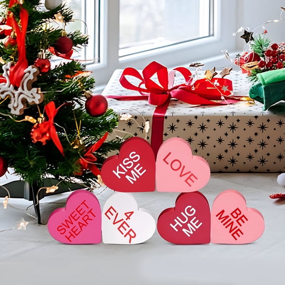 XIBUFE 6 Pcs Conversation Hearts Wooden Table Decor Signs,Durable Decoration Set,Classic Galentines Day Decorations for the Home Office Mantel Shelf Gift