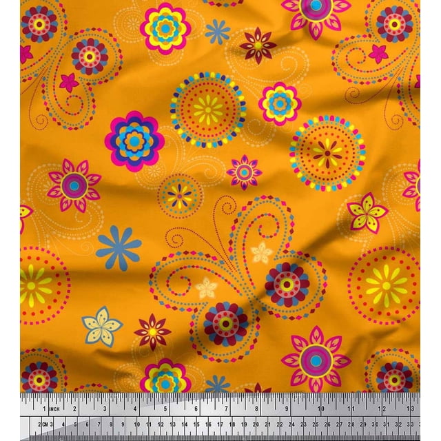 Soimoi Orange Moss Georgette Fabric Insect & Floral Clip Art Print Sewing Fabric BTY 42 Inch Wide
