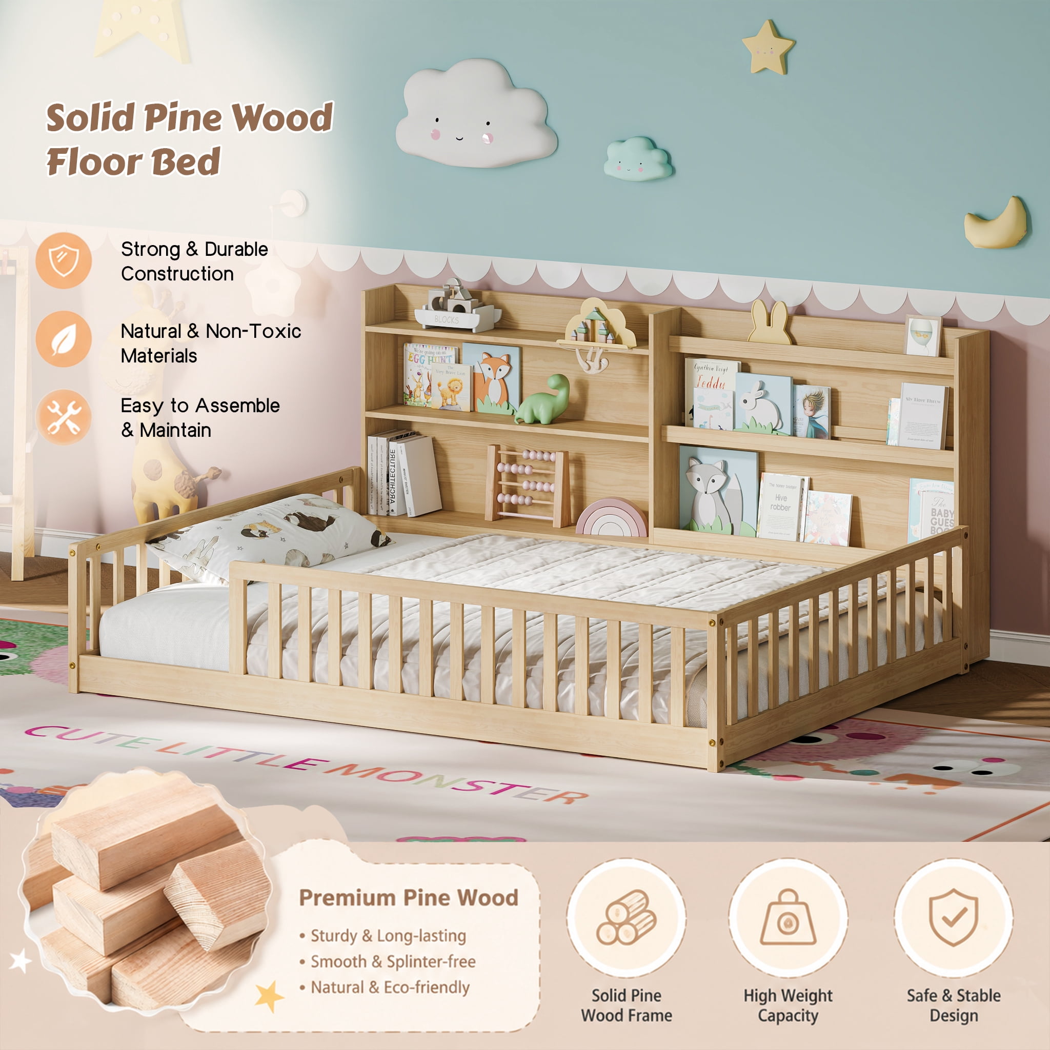 Garitin Full Floor Bed and Montessori Kids Bed 77.2 Inch, Solid Pine Wood Frame with Bookshelf and Safety Rails for Children Bedroom, Natural