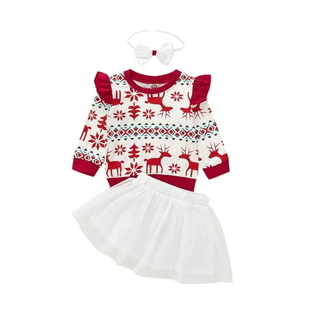 

Baby Girl s Long Sleeve Ruffle Reindeer T-Shirt + Pants/Tulle Skirt + Headband
