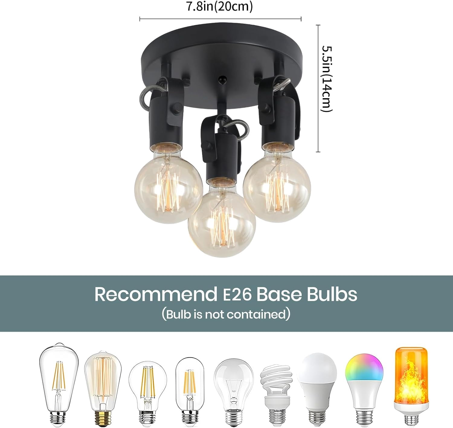 3-Light Flush Mount Ceiling Spotlight，Multi-Directional Track Lighting Fixtures Ceiling with Open No Shade Design, Black Kitchen Light for Island, Sink,Dining Room, Hallway (E26, Bulb Not Included)