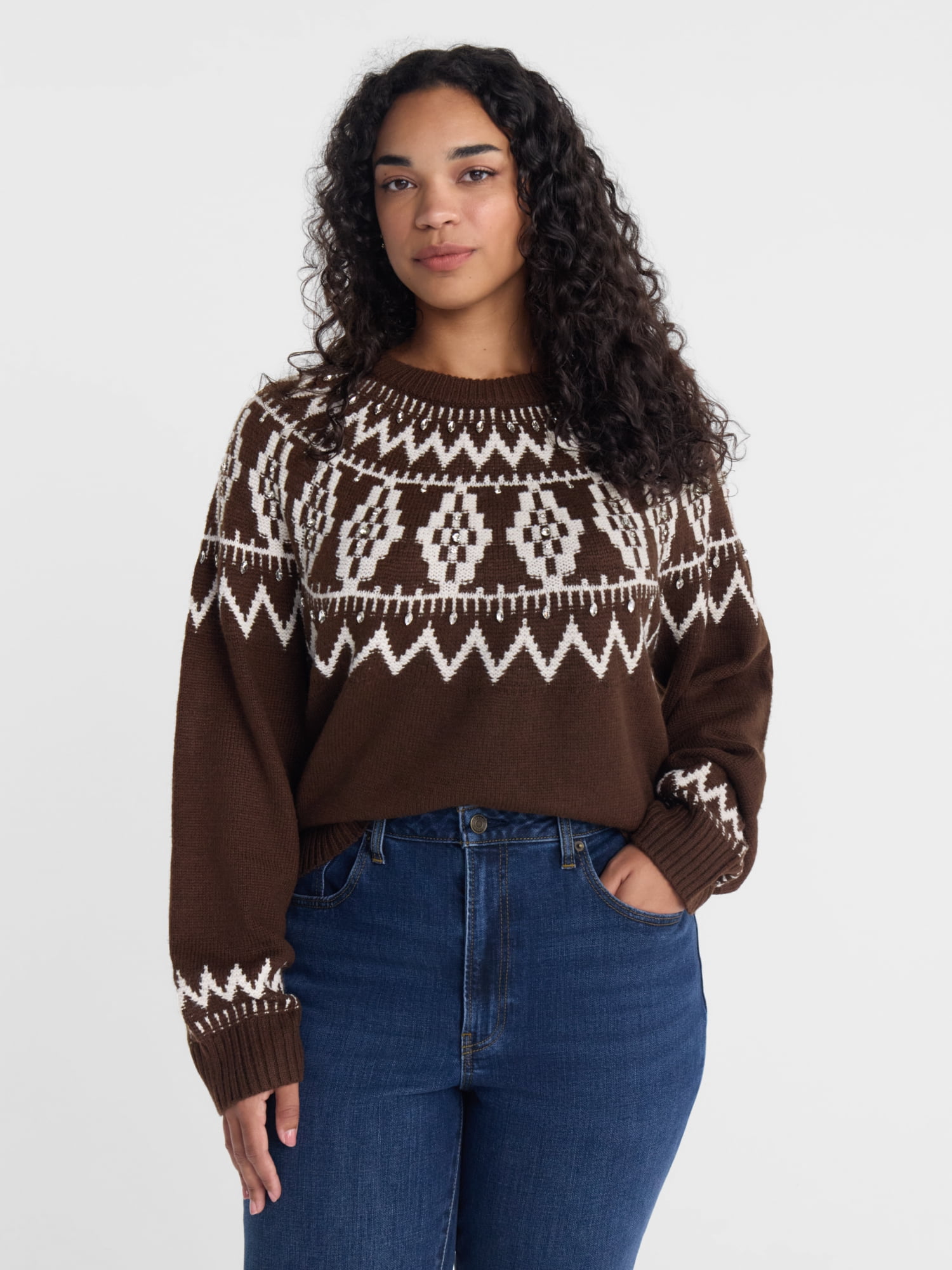 Scenario Women's Fair Isle Sweater with Long Sleeves, Lightweight, Sizes XS-XXXL