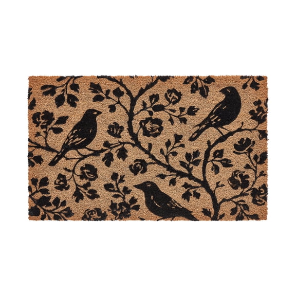 My Texas House Halloween Natural/Black Floral Bird Outdoor Coir Doormat, 30" x 48"