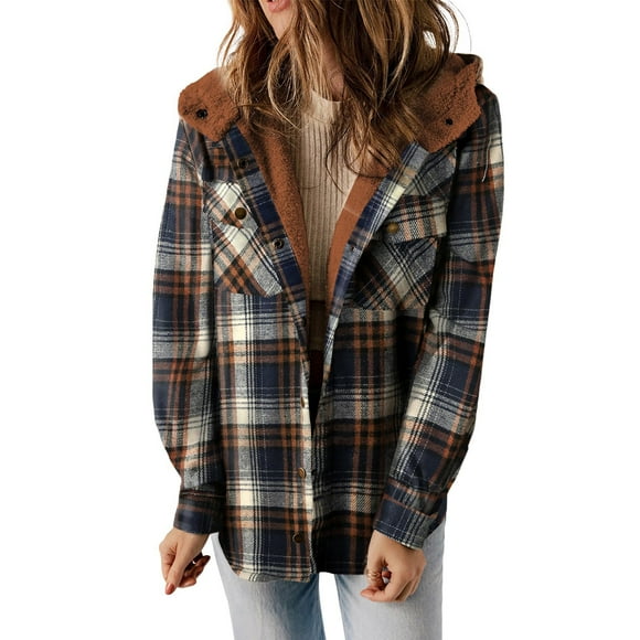 Dagegui Womens Plaid Shacket Jackets Fleece Long Sleeve Snap Coats Casual Hooded Shirts Outerwear with Chest Pocket Brown S