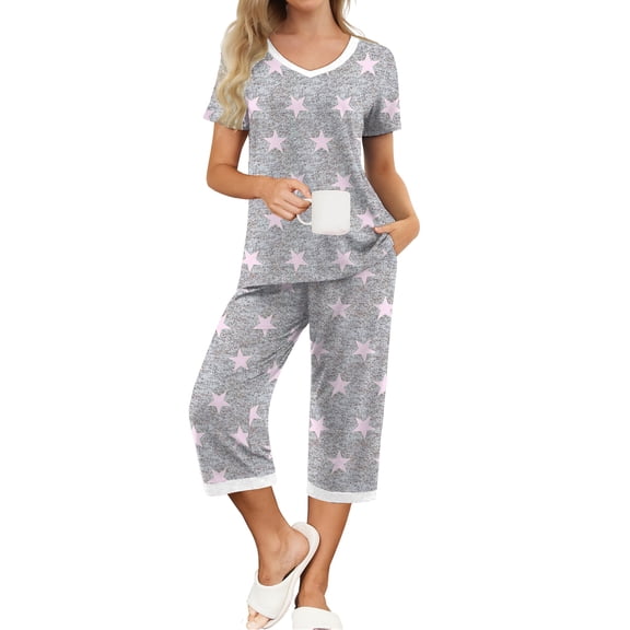 MINTREUS Womens Pajamas Short Sleeve Sleepwear Tops and Capri Pants Pjs Print Pajama Sets S-2XL