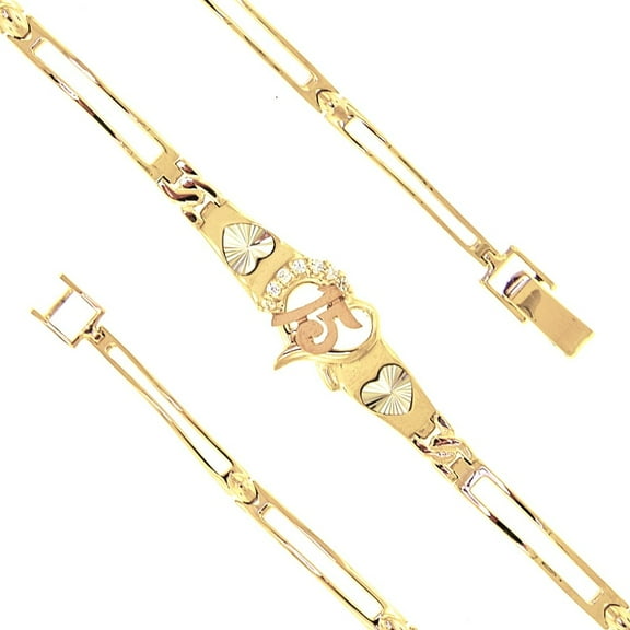 14K Tri Color Gold Quinceanera Heart ID w/ CZ Bracelet