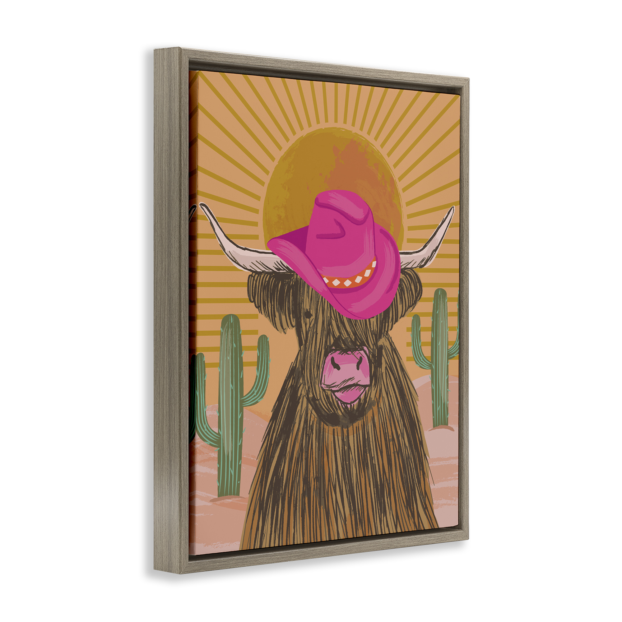 Stupell Industries Howdy Cowgirl Cattle Animals Painting Brown Floater Framed Canvas Art Print Wall Art, 17 x 21