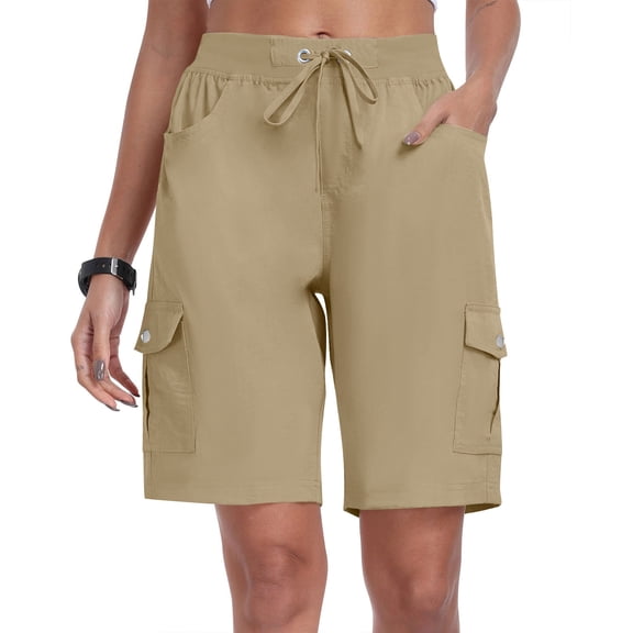 Axiiglly Cargo Shorts Women Drawstring Elastic Waist Bermuda Cargo Hiking Shorts Knee Length 6 Pockets Khaki Long Shorts, S-2XL