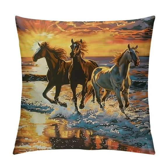Pratyus Horses Beach Sunset Modern Farmhouse Rustic Decorative Couch Pillow Cases with Zipper Home Decor Short Plush Summer Pillow Covers 1PC 12x12in
