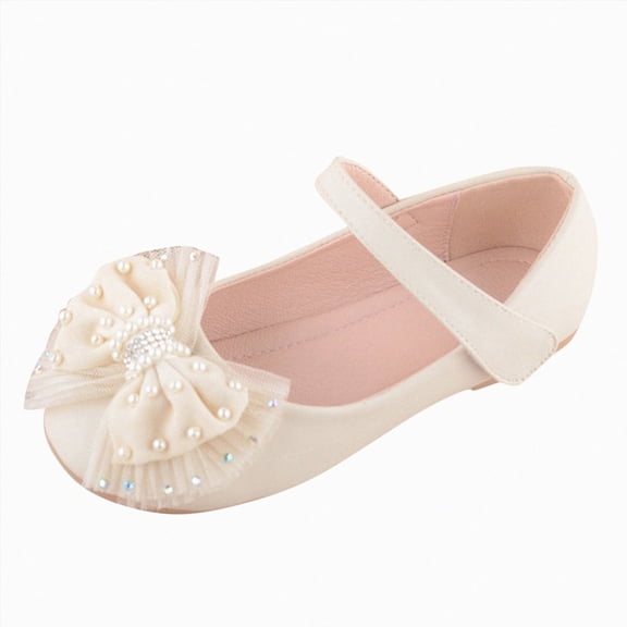 KPOPLK Girls Mary Jane Dress Shoes Ballerina Flats for Princess Uniform Shoes for Little/Big Kids with Ankle Strap Bowknot Shoes Size 1.5,Beige