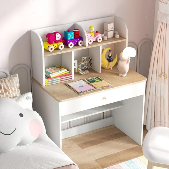 Kids Wooden Study Desk with Hutch and Drawer, Homework Table, Writing Table