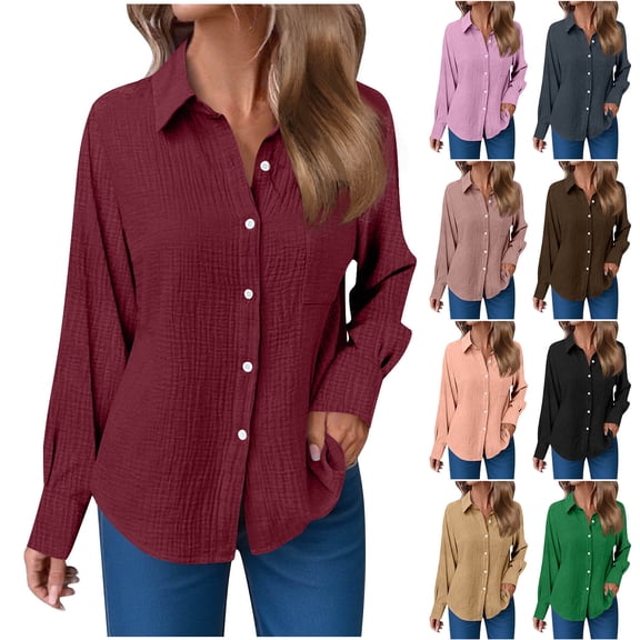 Women's Relaxed Fit Button Pocket Long Sleeve Turndown Collar Solid Color Blouse Shirts Comfy Casual Work Office Outfits | CSEONE,Black L